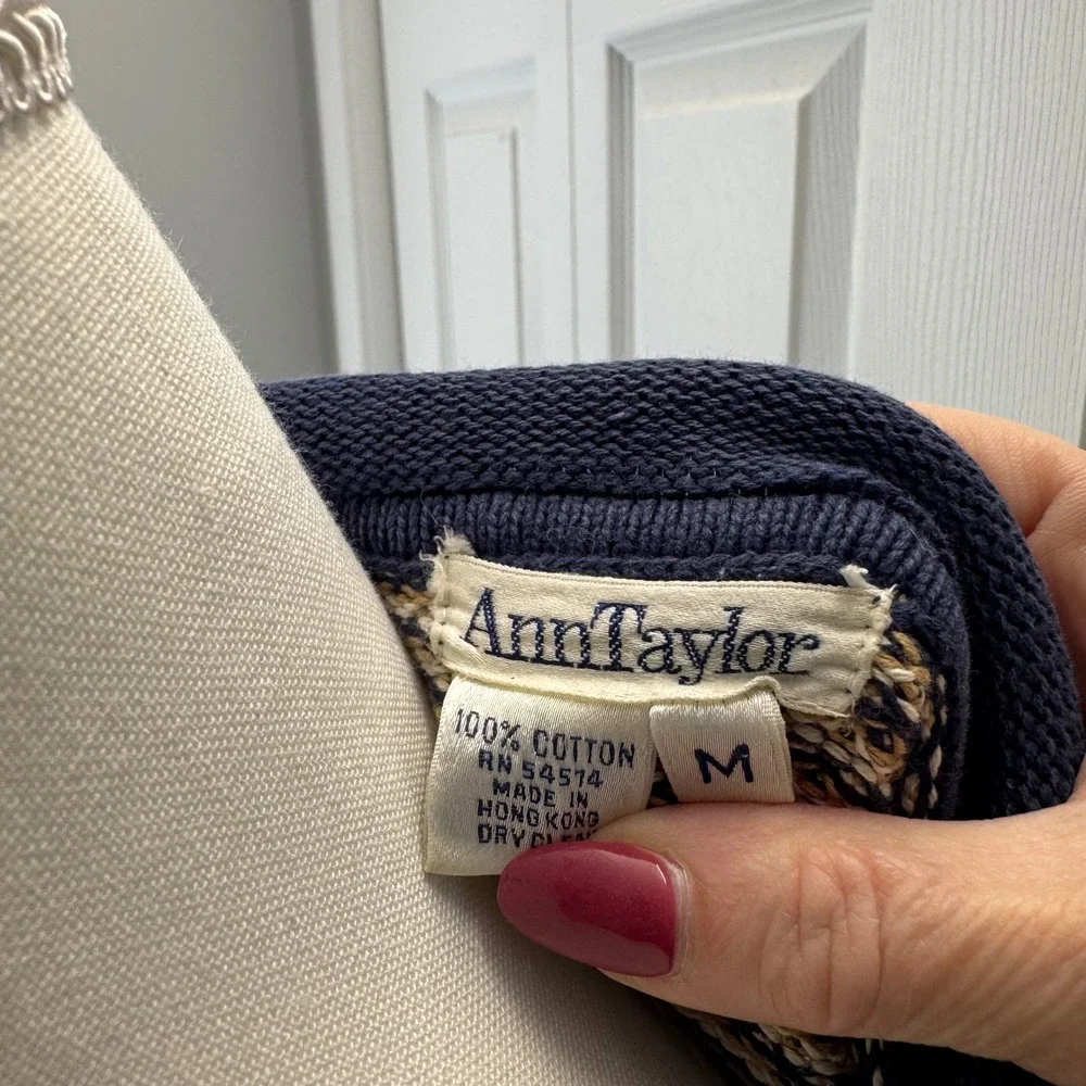 Vintage Ann Taylor Cotton Birds Eye Knit Sweater Navy Tan Roll Neck Pullover M